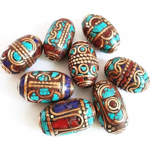 Mix 10PCS Nepal Handmade Beads Brass Inlaid Colorful Stone Big Long Beads Multi Figures NBB231
