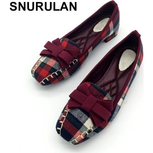 SNURULAN England Style Gingham Women Casual Loafers Spring Autumn Square Toe Bowtie Slip On Flats For Woman Single Shoes E664