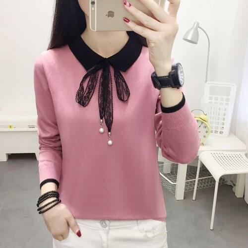 Womens Spring Summer Style Blouse Shirt Womens Elegant knitted V-neck Bow Long Sleeve Lace Patchwork Tops DD8454