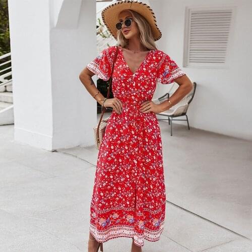 New Butterfly Sleeve V Neck Slim Long Floral Dresses For Women Casual Holiday Style Summer Sexy Print Dress Women