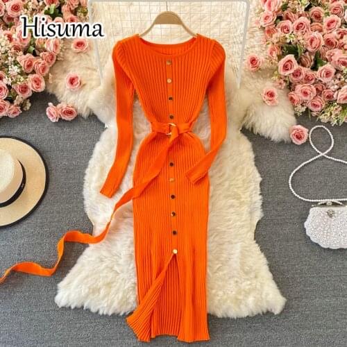 2021 autumn new womens chic o-neck long sleeve single breasted split knitted sheath dresses female retro slim sweater dress