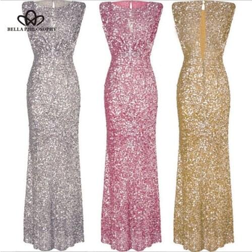 Bella Philosophy 2018 Autumn Solid Sleeveless Sequin Evening Party Dress Long Ankle-Length Large Size Dress Sexy Backless Dress