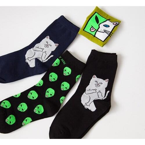 Autumn Winter Women Cotton Socks Art Funny Alien Planet Creative Funny Cartoon Cat Breathable Socks Couple socks