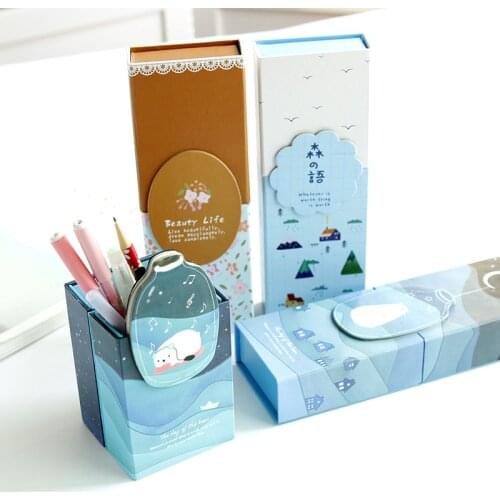 1pcs Creative Deformation Stationery Box Folding Pencil Box Pen Bucket Clean Student Pencil Box With Small Mirror
