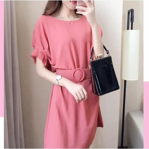 2020 New Summer Mid-Length Chiffon Short Sleeve Dress Women Temperament Waist Thin Puff Sleeve Solid Color Fashion Dress Female