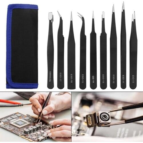 Tweezers 9pcs Stainless Steel Tweezers Set Maintenance Tools Industrial Precision Curved Straight Repair Tool