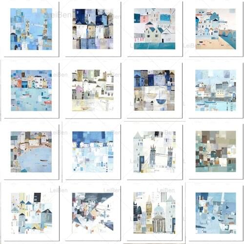 Abstract Landscape Cartoon Coastal Town Poster and Prints Watercolour Scenery Canvas Painting Pictures for Kids Room Home Decor