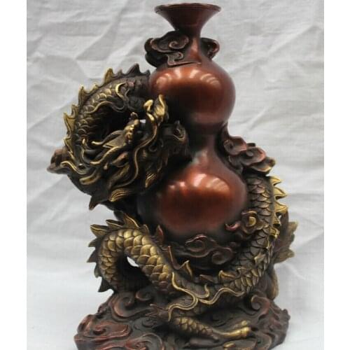 Free shipping Collectible bronze S1685 Lucky Bronze Fengshui Chinese Zodiac Year Dragon & Cucurbit Bottle Sculpture