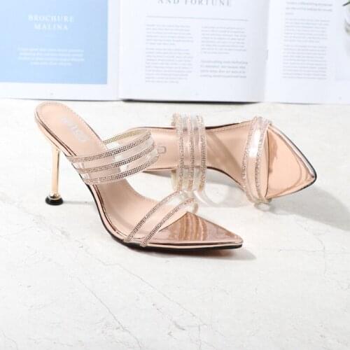 Sexy Pointed Tone Sandals Women Cross-Border Summer Cool Slippers Fairy Wind Peep-Toe Diamond Thin Heel Wear Party Shoes Outside