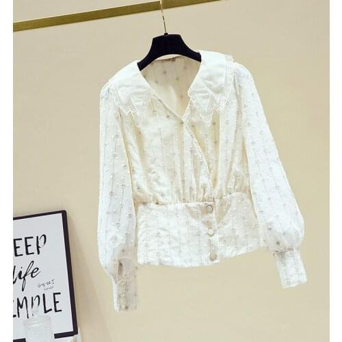 Elegant V-neck Chiffon Blouse Womens 2021 Spring Long Sleeve Slim Waist All-Match Crop Top Blusas Mujer