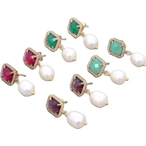 GG Jewelry White Rice Pearl Green Purple Red Aqua Green Square Cat Eye Earrings