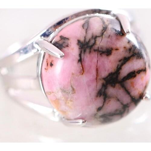 1Pcs Women Ring Natural Stone Pink Rhodonite Round Cabochon CAB Beads Adjustable Finger Ring Jewelry Gift K211