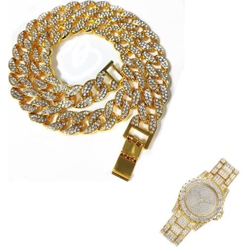 2pcs Kit Hip Hop Iced Out 15MM Paved Rhinestones Miami Cuban Necklace+Watch Bracelet CZ Bling Rapper Necklaces For Man Jewelry