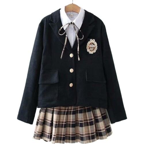 Korean Preppy Style uniform Suit Jacket + Shirt + Plaid Pleated Skirt Casual 3 Piece Sets Girl Three Piece Sets 2011772