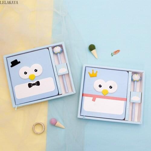 Cute Penguin Mouse Notebook With Pen Set Action Figure Paper Diary Book School Stationery Cartoon PU Cover Schedule Sketchbook