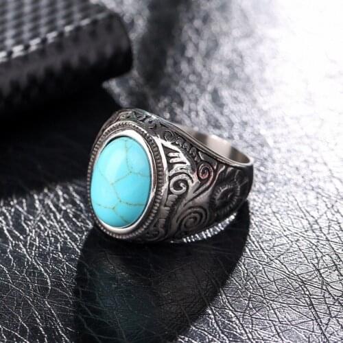 Men Ring Retro Charm Natural Stone Silver Plated Ring Handmade Bohemian Male Finger Ring Party Ring Ethnic Jewelry Size 7-12