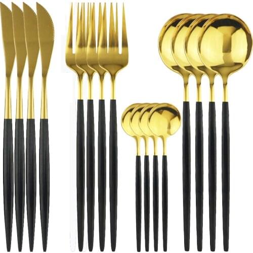 Dinnerware Set 16Piece Black Gold Cutlery Set Mirror Silverware Knife Fork Spoon 18/10 Stainless Steel Kitchen Tableware Set