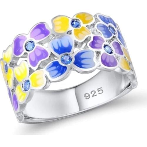 2020 New Women Trendy Enamel Silver Wedding Rings Elegant Flower Blue Cubic Zirconia Inlay Banquet Party Finger Ring Gift