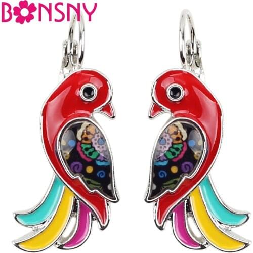 Bonsny Enamel Tropic Parrot Bird Earrings Stud Drop French Clip Alloy Novelty Jungle Animal Jewelry For Girls Women Ladies News