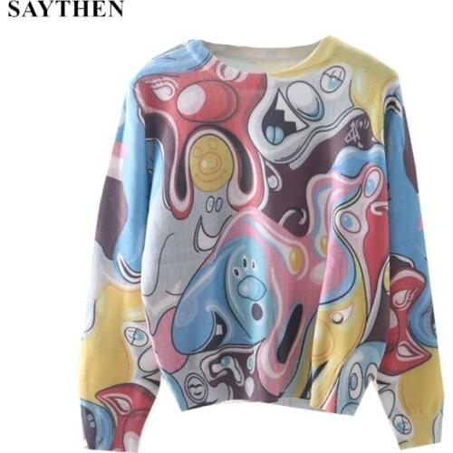 SAYTHEN 2021 Fall Winter New Arrival Woolen Sweaters Lady Cartoon Pullovers Hand-Painted Tie Dye O-Neck Knit Tops Kawaii Jersey