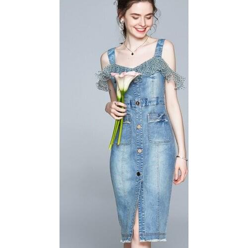 New Denim Dress Women Summer 2021 Fashion Elegant Polka Dot Guaze Ruffles Patchwork Package Hip Slim Long Straps Denim Dress