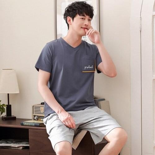 Men summer new cotton Korean pajamas casual pullover short sleeve shorts thin two piece pajama sets men pajamas men sleepwear