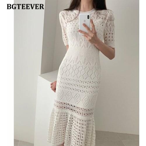 BGTEEVER Elegant O-neck Sheath Dress Female Chic Hollow Out Short Sleeve Midi Dress for Women Summer Knitted Vestidos Femme 2020