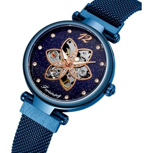 Casual FORSINING Womens Watch Pearl Shape Skeleton Bule Auto Mechanical Magnet Buckle Wristwatch with Gift Box