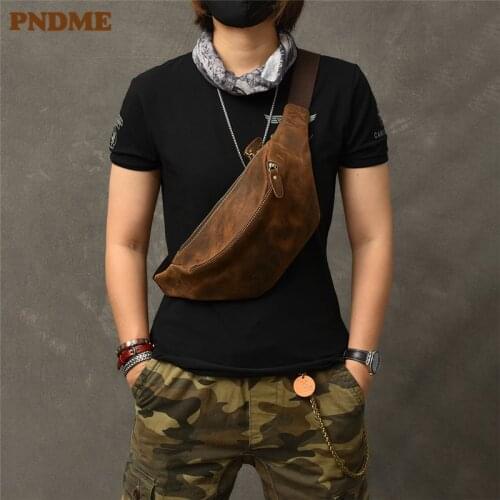 Simple vintage crazy horse cowhide mens small chest bag multifunctional diagonal bag fashion natural genuine leather waist pac