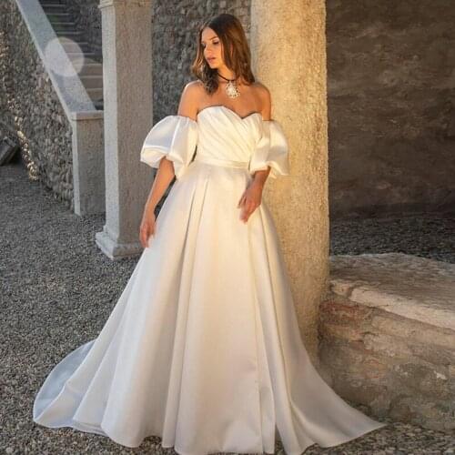 Simple 2 In 1 Wedding Dress with Removable Sleeve Off Shoulder Satin Bridal Gowns Robe De Mariage 2021