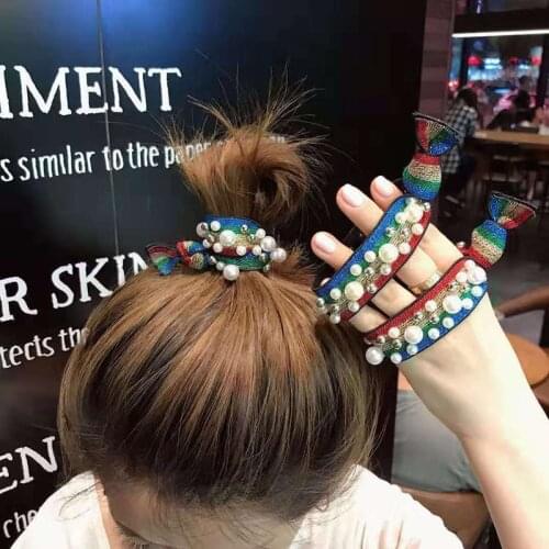 Sempli Rainbow Hair Ties Woman Korean Pearl Girl Ponytail Holder Rubber Band Hair Gum Rope Lady Hair Accessories Scrunchies