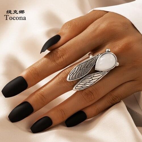 Tocona Bohemian Cicada Single Ring for Women Men Opal Stone Insect Silver Color Alloy Metal Jewelry Accessories Anillo 18356