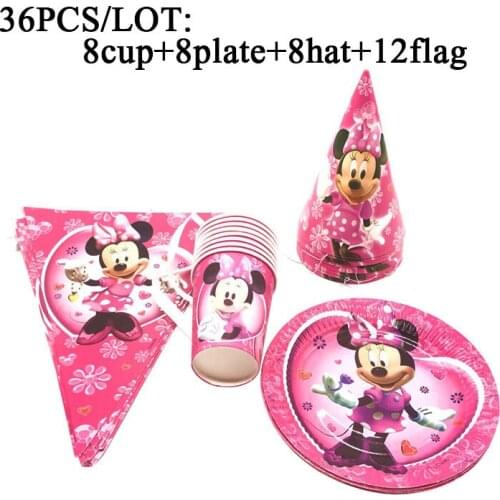 Minnie Mouse Birthday Party Supplies Kids Favors Cute Disposable Cup Plates Banner/Flags Hat Baby Minnie Mouse Party Decorations
