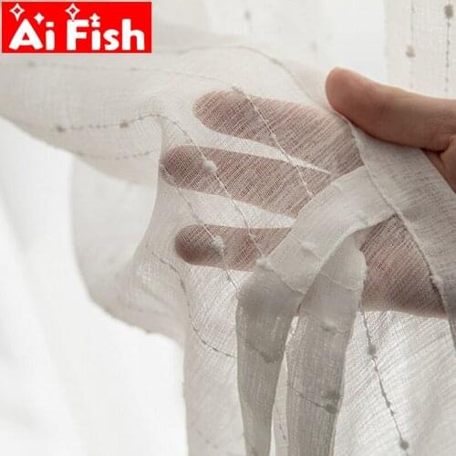 White Three-dimensional Plush Dots Striped Tulle Curtains for Living Room Modern Cotton Linen Window Screen Sheer Voile Fabrics