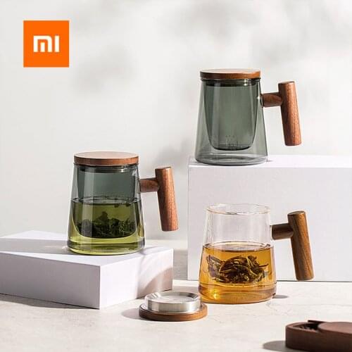 Xiaomi Qiwu Blue Blunt Glass Tea Cup with Walnut Wooden Handle 430ml Heat-resistant Tea Separation Teacup Mug Gift Box