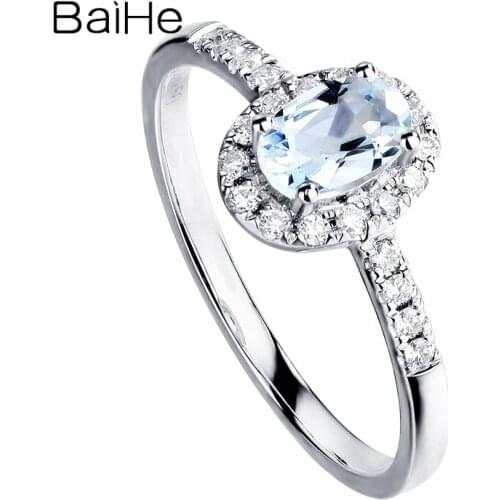 BAIHE Solid 14K White Gold 4*6mm Oval Cut Natural Aquamarine Natural Diamonds Jewelry Wedding Trendy Gift Oval Aquamarine Ring