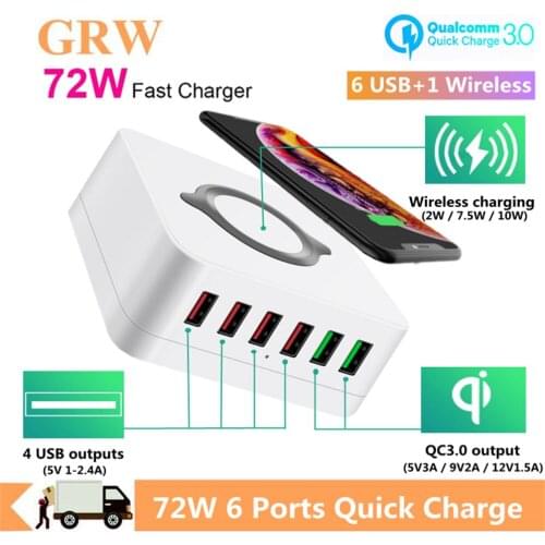 Grwibeou 72W USB Socket Charger Station 10W Wireless Dual QC3.0 Fast Charging Adapter 6-Port USB Charger For iPhone Xs 11 Xiaomi