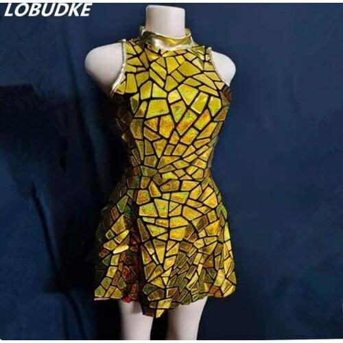Gold Mirror Nightclub Dress Women Evening Party Birthday Outfit Sleeveless Shiny Laser Sequins Bar Dancer Singer Stage Costume