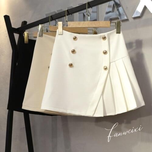 2021 summer new high waist slim double breasted a-line short skirt female irregular pleated skirt Button Solid