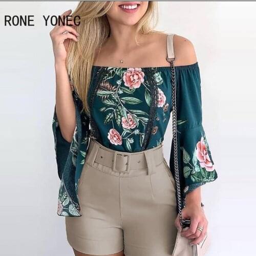 Women Casual Graphic Off Shoulder Lace Flared Sleeves Sashes Short Sets