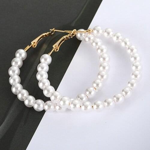 1Pair Vintage Large White Gold Pearl Hoop Earrings For Women Girl Circle Big Round Earrings Fashion Jewelry New