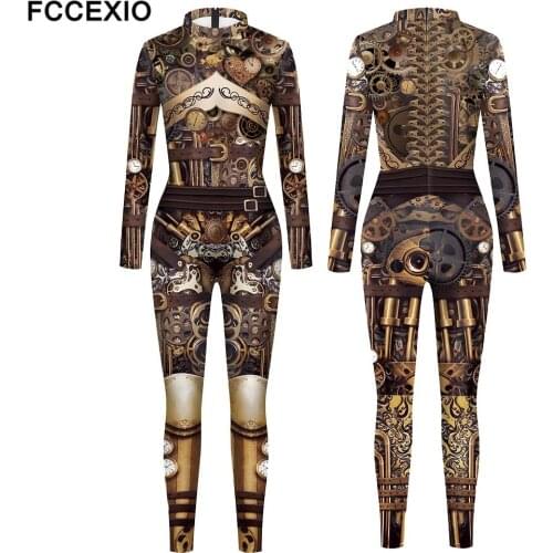 FCCEXIO Mechanical Style Women Jumpsuits High Quality New Long Sleeve Zipper Suit Cosplay Costume Steampunk Party Costumes