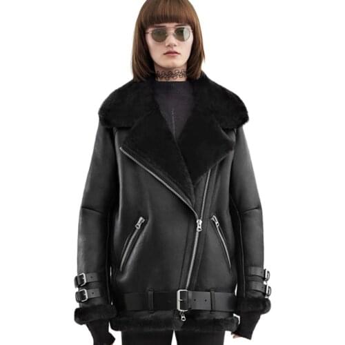 Plua size 2XL!Women lamb hair motorcycle PU leather autumn and winter new fashion turn down collar thick coat