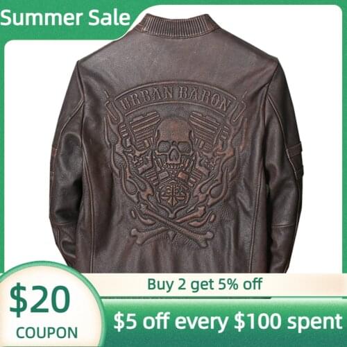 2021 Vintage Brown Skulls Motorcycle Style Leather Jacket Men Plus Size XXXXL Genuine Cowhide Spring Slim Fit Bikers Coat