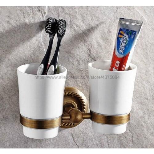 Bathroom Accessory Wall Mounted Antique Brass Toothbrush Holder with Two Ceramic Cups Nba275