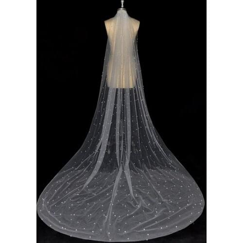 White Ivory Bridal Veil With Comb One Layer Cathedral Royal Pearl Beaded Wedding Veil One Layer