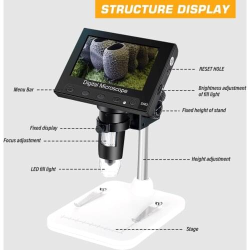 DM4 4.3" 1000x 2.0MP USB Digital Electronic Microscope LCD Display VGA Microscope with 8 LED Stand for PCB Motherboard Repairing