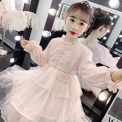 Childrens Dresses for Girls 2021 Spring Autumn Clothes Long Sleeve Mesh Lace Princess Skirt Birtyday Party Casual Dresses 3-8T
