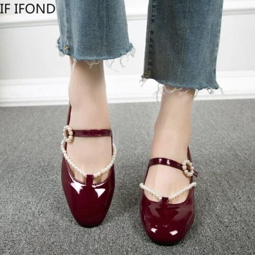 IF IFOND Patent Leather Mary Jane Shoes Women Fashion Pearl String Bead Buckle Strap Shoes Female Square Toe Woman Pumps Shoes