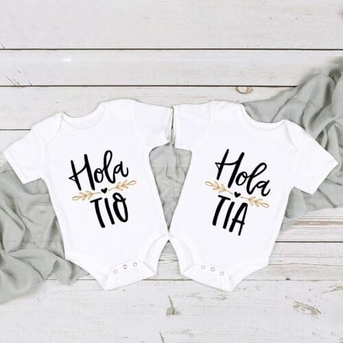 Hola Tio Tia Pregnancy Announcement Baby Bodysuit Jumpsuit Infant Clothing Casual Overalls Pregnancy Gift for New Aunt Uncle